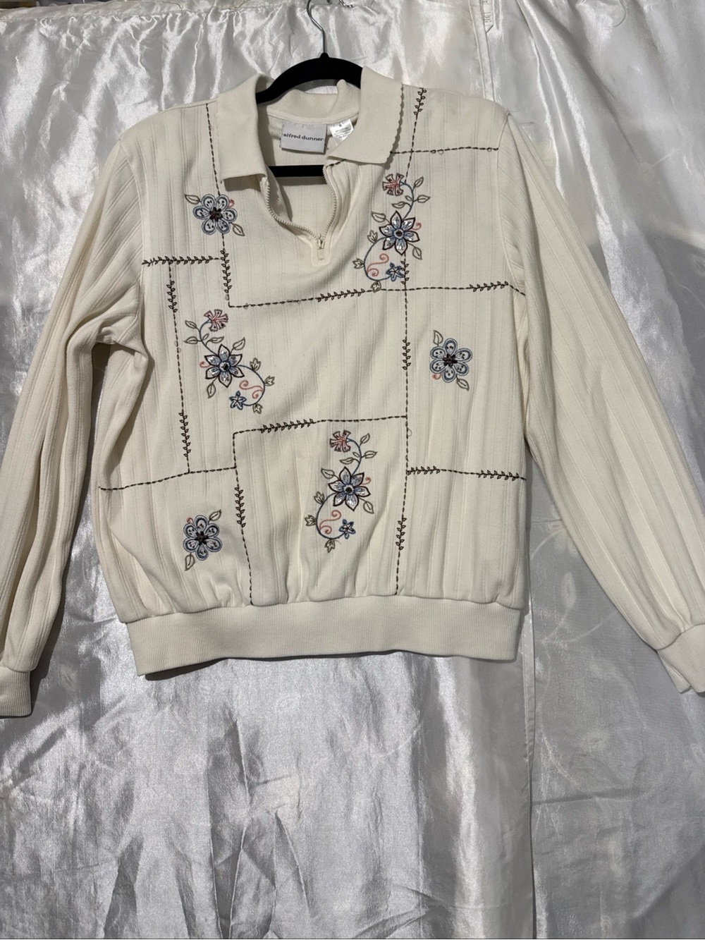 Alfred Dunner Cream Embroidered Zip-Neck Top with Blue and Pink Floral Accents M